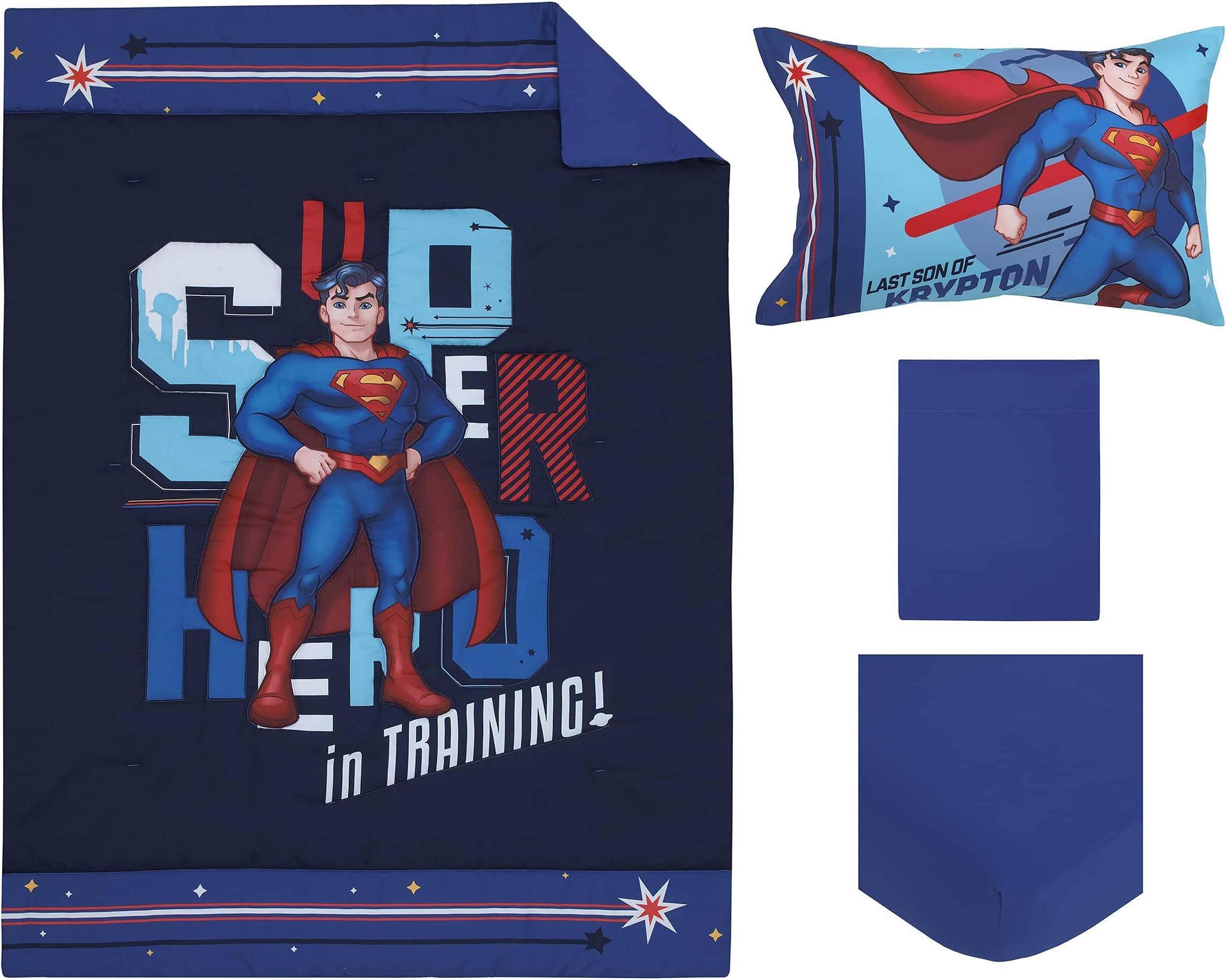Everything Kids Superman Super Hero in Training Blue & Red Icon 4Piece Toddler Bed Set - Comforter, Fitted Bottom Sheet, Flat Top Sheet, & Reversible Pillowcase, Navy, Red, Blue, Yellow (3722416P)