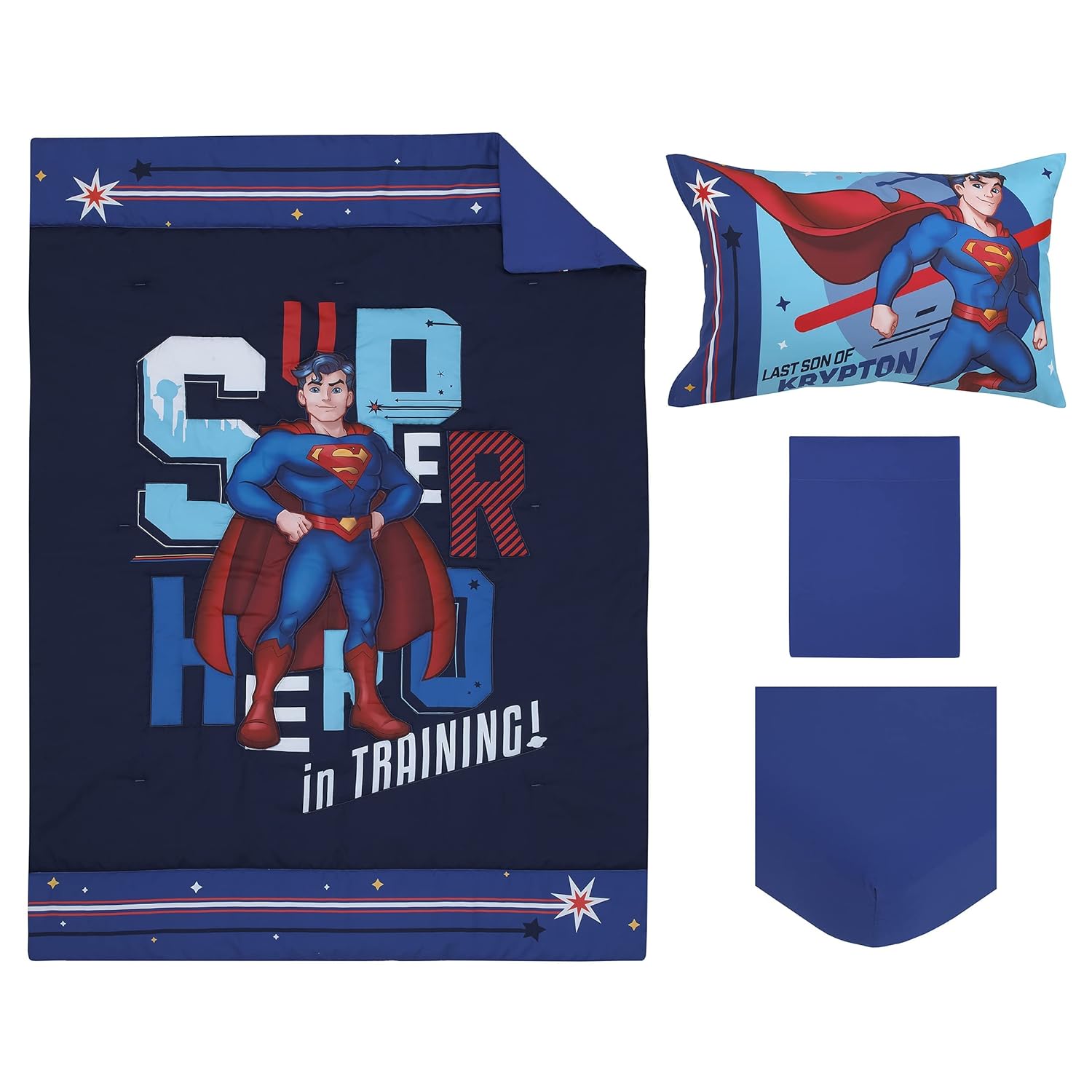 Everything Kids Superman Super Hero in Training Blue & Red Icon 4Piece Toddler Bed Set - Comforter, Fitted Bottom Sheet, Flat Top Sheet, & Reversible Pillowcase, Navy, Red, Blue, Yellow (3722416P)