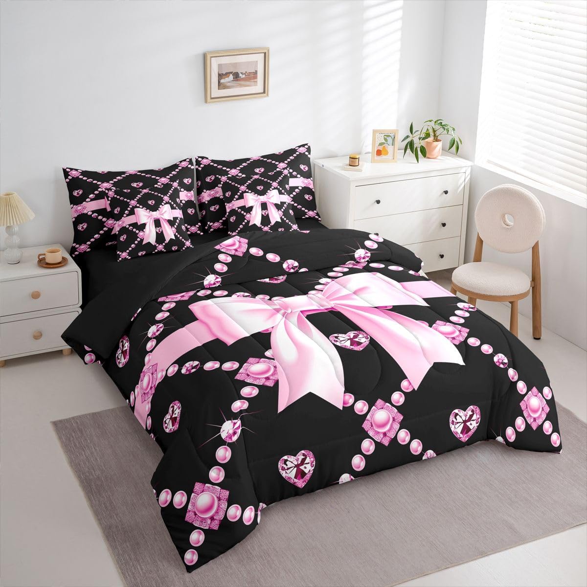 Feelyou Pink Bowknot Comforter with Sheet Set Twin Size 7 Pieces Diamond Pearl Pattern Bedding Set for Kids Boys Girls Cartoon Bow Bed in a Bag Kawaii Bow Tie Bedroom Decor