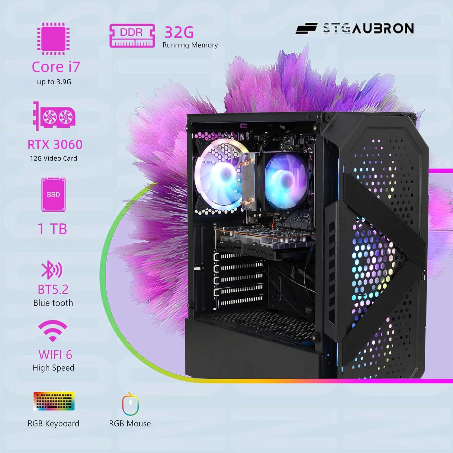 STGAubron Gaming PC Desktop Computer, Intel Core i7 up to 3.9G, GeForce RTX 3060 12G, 32GB RAM, 1TB SSD, WiFi, BT 5.0, RGB Fan x6, Windows 11 Home