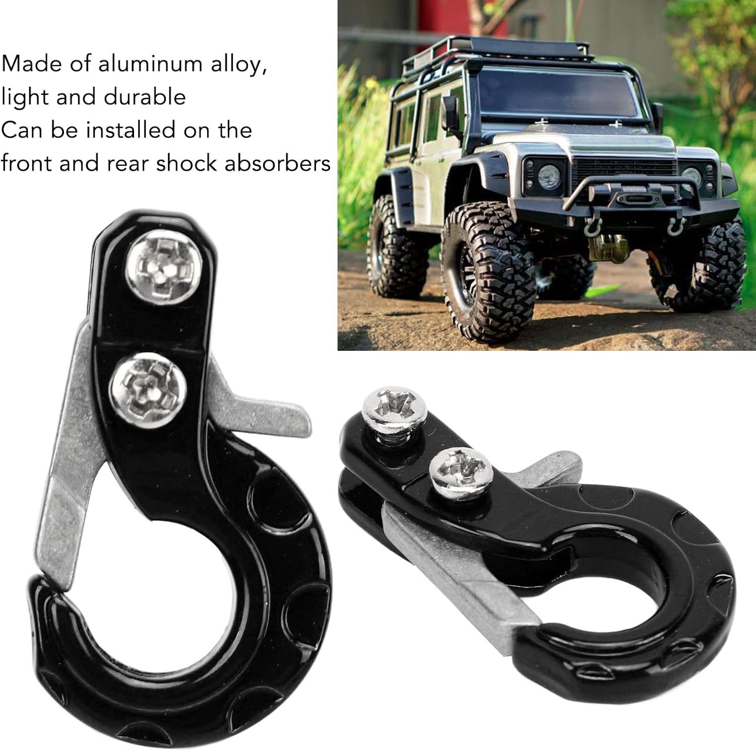 Tissting 2Pcs 0.9 x 0.5in Winch Trailer Hooks RC Trailer Hook Aluminum Alloy Simulation Climbing Car Tow Hook for 1/10 Scale Crawler Truck SCX10 D90 D110 TF2 Climbing Car RC Car Accessory(Black)
