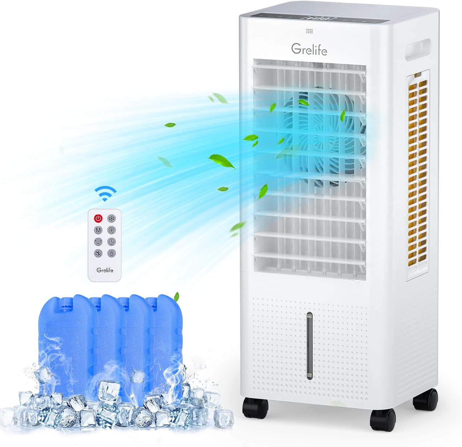 Grelife Portable Evaporative Air Cooler, 3-IN-1 Air Cooler Cooling Fan with Remote Control, 12H Timer, 4 Ice Packs, 1.58Gal Water Tank, 3 Modes, 3 Speeds, Personal Swamp Cooler for Bedroom Home Office