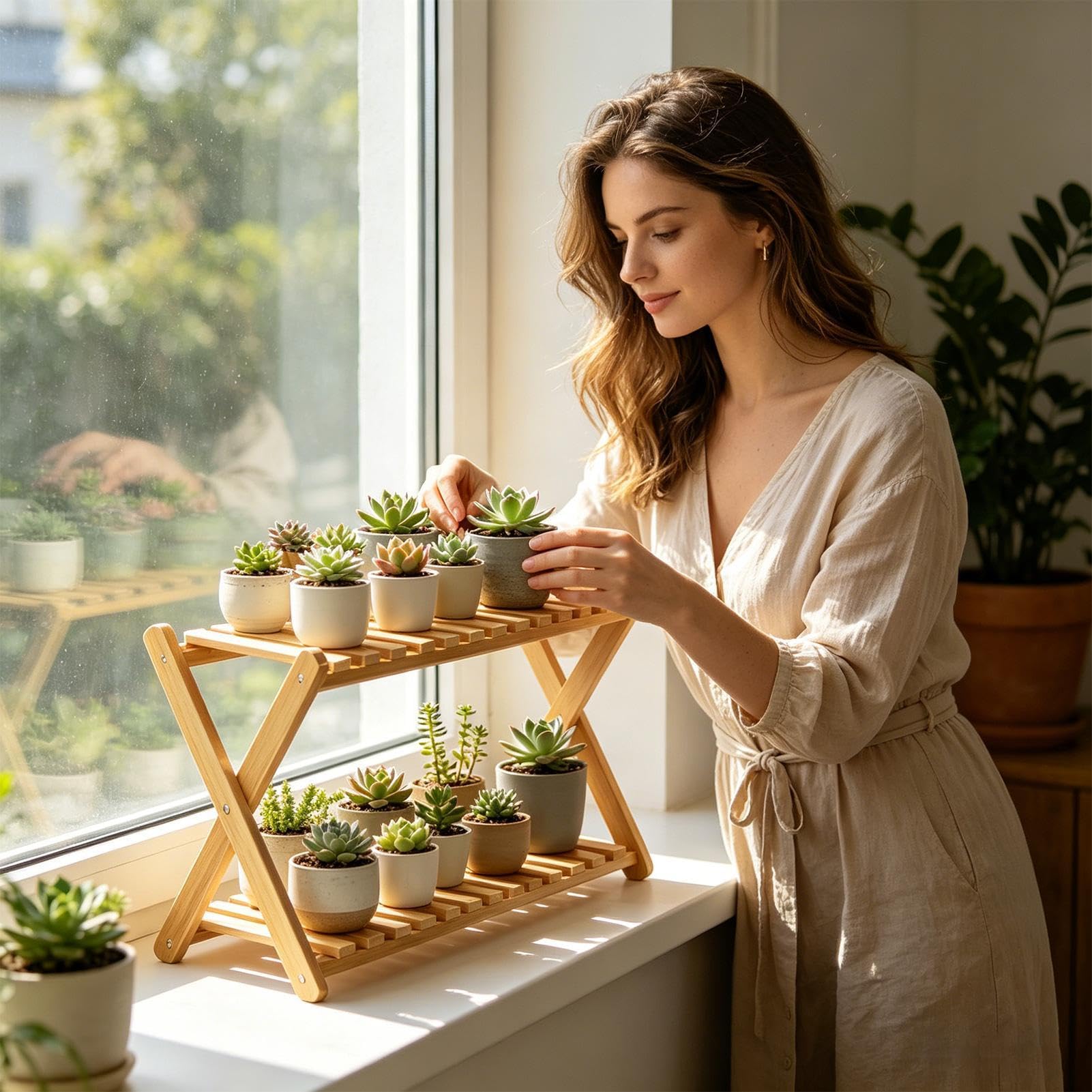 Support en bois d'intérieur Étagère à pots de fleurs 2 niveaux | Présentoir à d'Extérieur et Intérieur Pour Terrasse, Jardin, Porche, Entrée, Salon, Serre, Présentoir De Fleurs Et