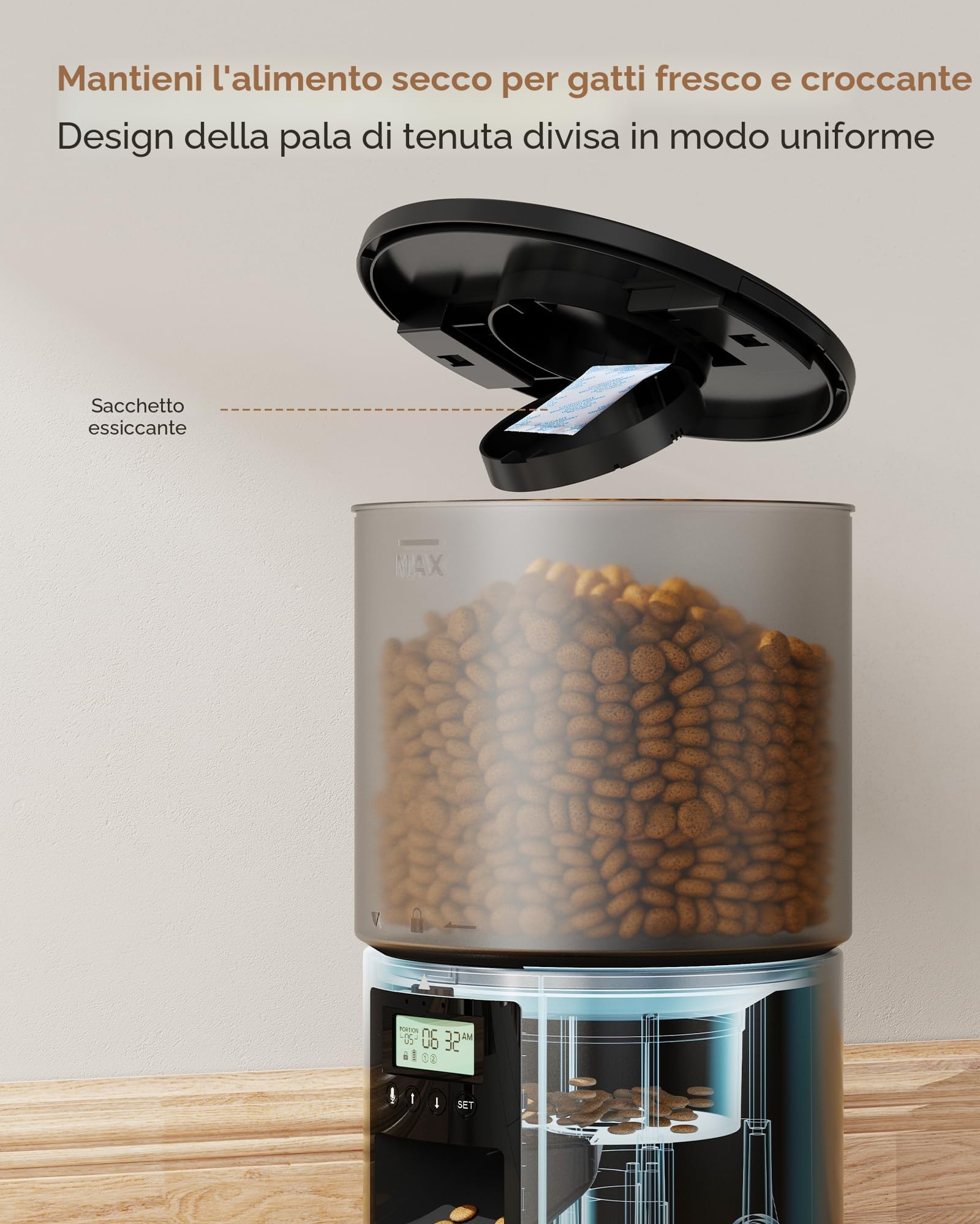 Distributore Automatico Cibo Gatti: Dispenser Crocchette Gatto con 10S Registrazione - Dosatore Crocchette per Cani con Orari di Mangiatoia Personalizzati 1-6 Pasti al Giorno Timer Programmabile