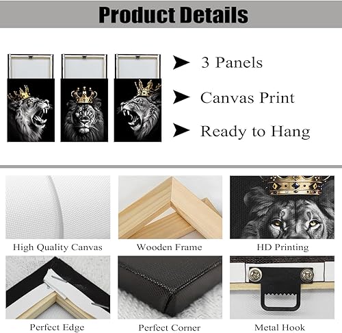 Miniatura 6 de DOARTDO Cuadro de león para decoración de pared, 3 paneles, lienzo de animales en blanco y negro, arte de pared, arte de león con corona, marco