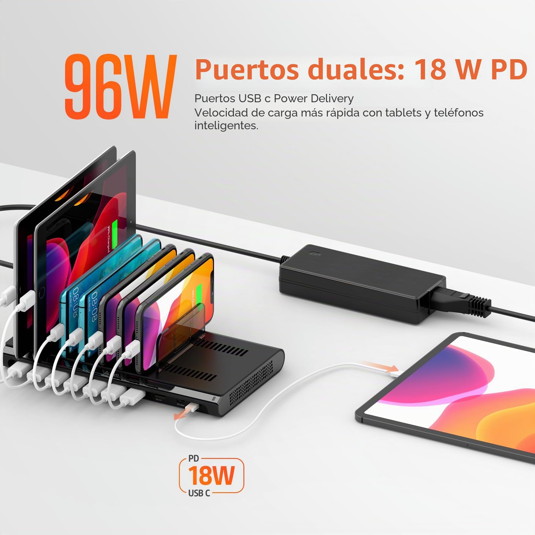 Alxum Estación de Carga 96W y 10 Puertos,2 PD y 2 QC 3.0 para tabletas | Incluye un soporte para auriculares que permite cargar simultáneamente varios dispositivos, como el móvil y los auriculares