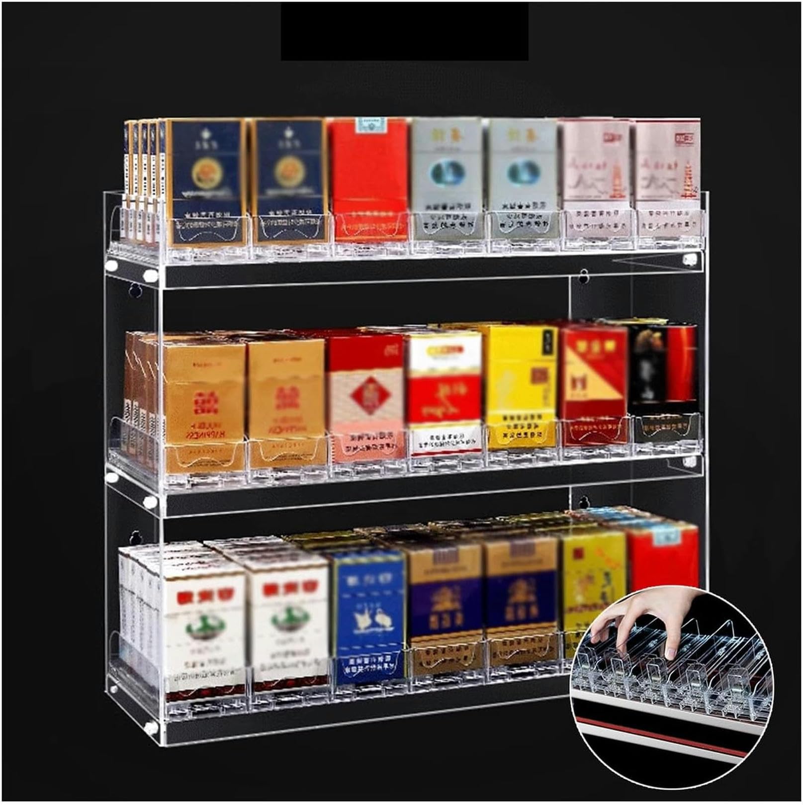 Présentoir à cigarettes haut de gamme avec support mural et poussoir invisible