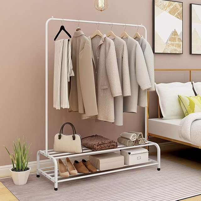 JURMERRY Metal Coat Rail Pipe Hanging Clothes Rail Heavy Duty Storage Shelf 2-Tier Metal with Home Office Indoor(White)