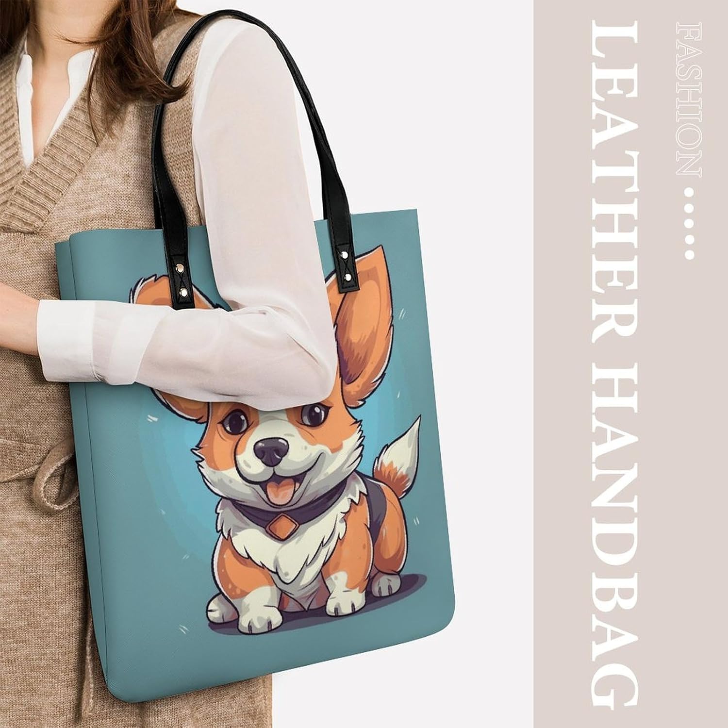 Cute Corgi Cartoon Handbags Large Capacity, Tote Bag Stylish Slouchy, Shoulder Bags for Work Beach Travel And Shopping Grocery.