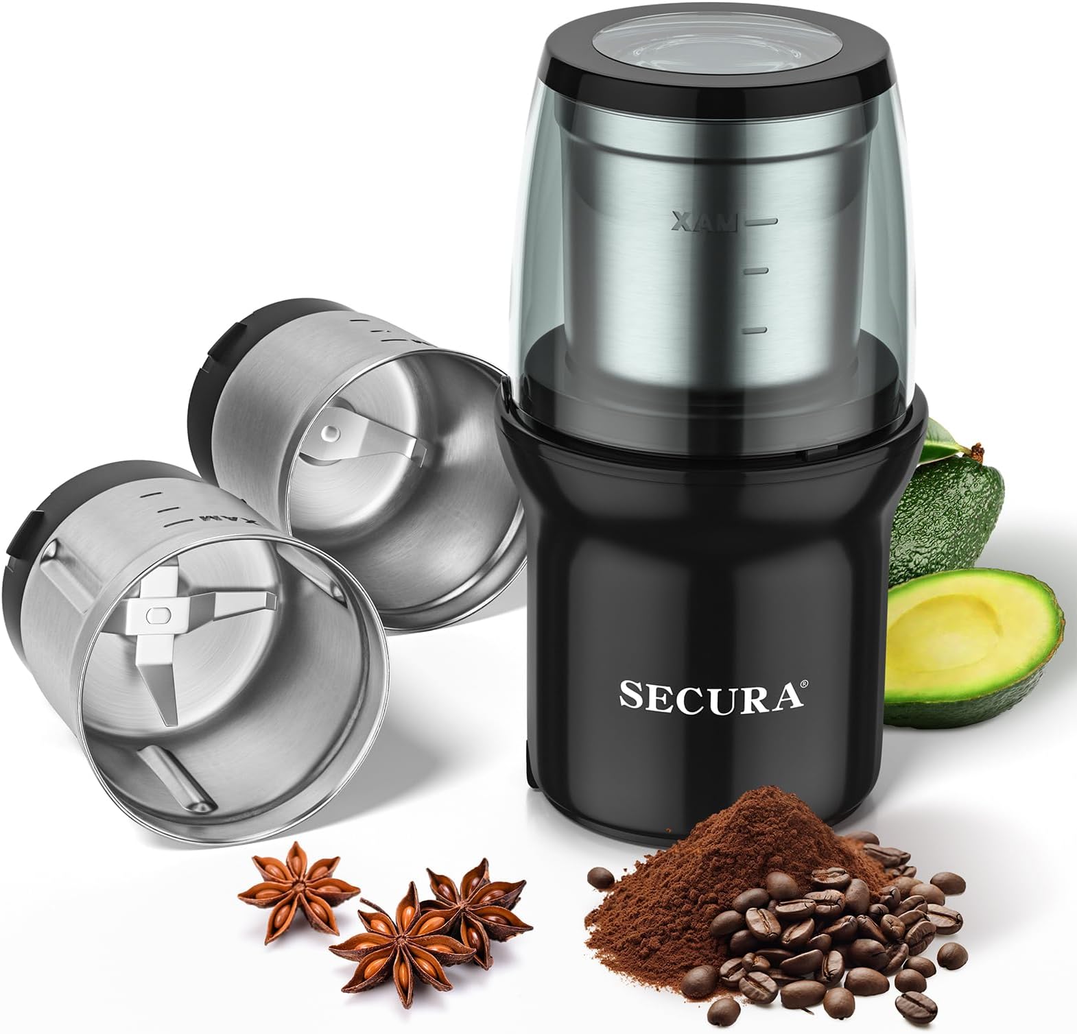 Secura Electric Spice Grinder, Dual Stainless Bowls for Wet & Dry Grinding, Multi-Use for Spices & Coffee