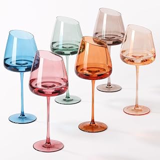 Slanted Colored Wine Glasses 18 oz (Pack of 6) - Hand-blown Crystal Wine Glasses, Perfect for Home Party and Wedding Reception Gifts - Multi-color Glassware Collection (Multicolor)