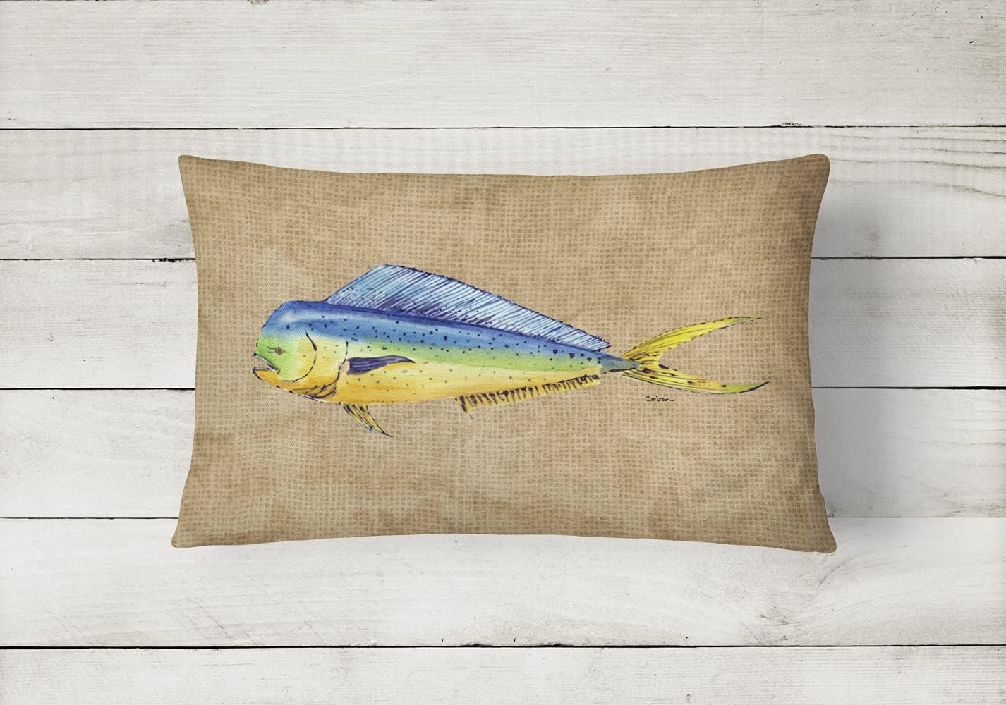 Caroline's Treasures 8810PW1216 Dolphin Mahi Mahi Canvas Fabric Decorative Pillow Machine Washable, Indoor Outdoor Decorative Pillow for Couch, Bed or Patio, 12HX16W