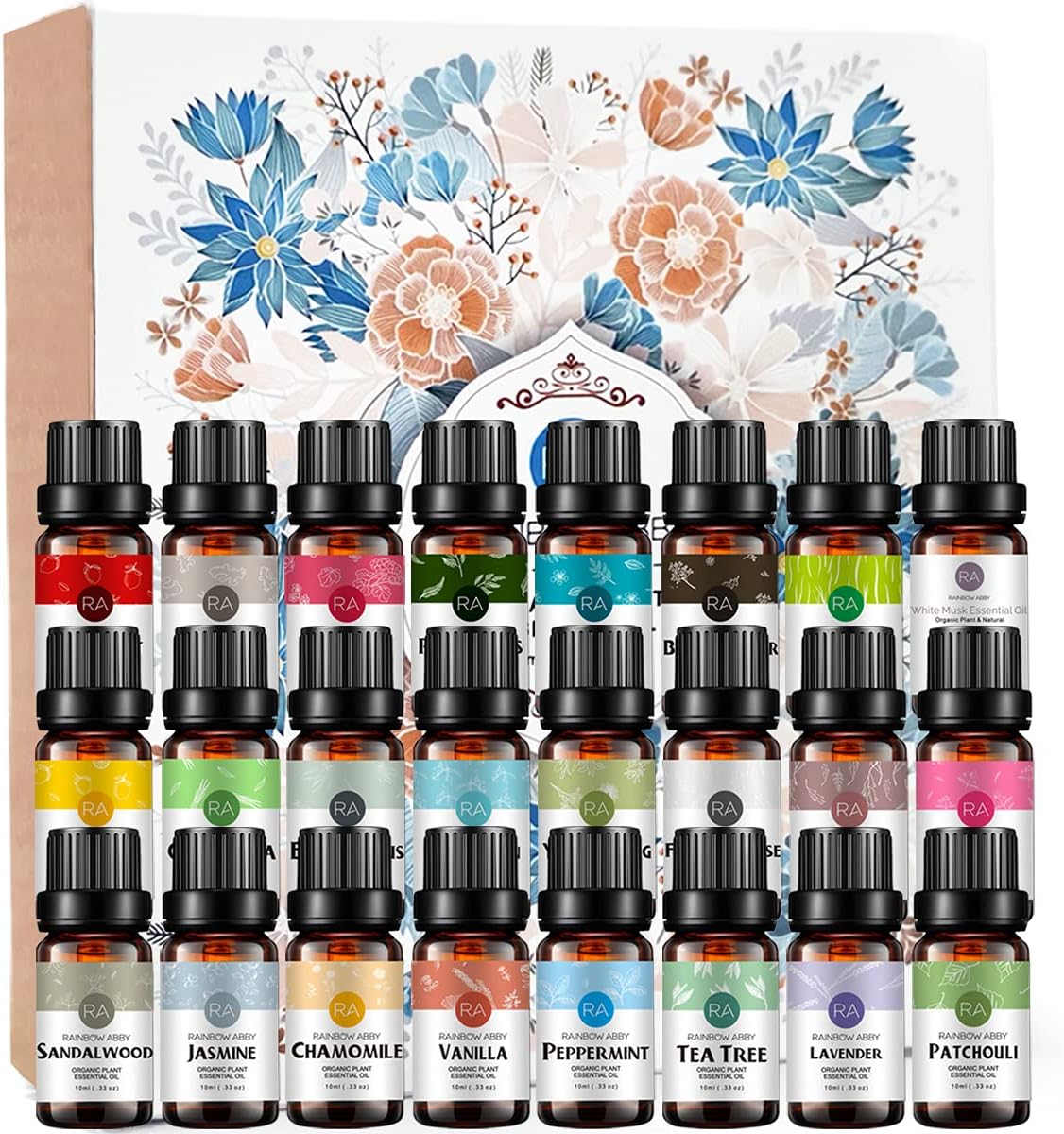 Top 24 Essential Oil Set 10ml, 100% Pure Aromatherapy Oil (Ylang Ylang, Myrrh, Grapefruit, Ginger, Geranium, Pine Needles, Camphor, White Musk, Vetiver, Tea Tree, Lavender, Patchouli and etc. )