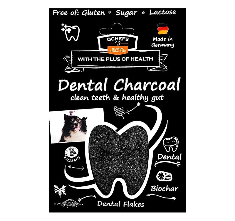QCHEFS Dental Charcoal em Flocos de Coco para Cães, Suplemento para Rotina de Higiene Oral, 80 g