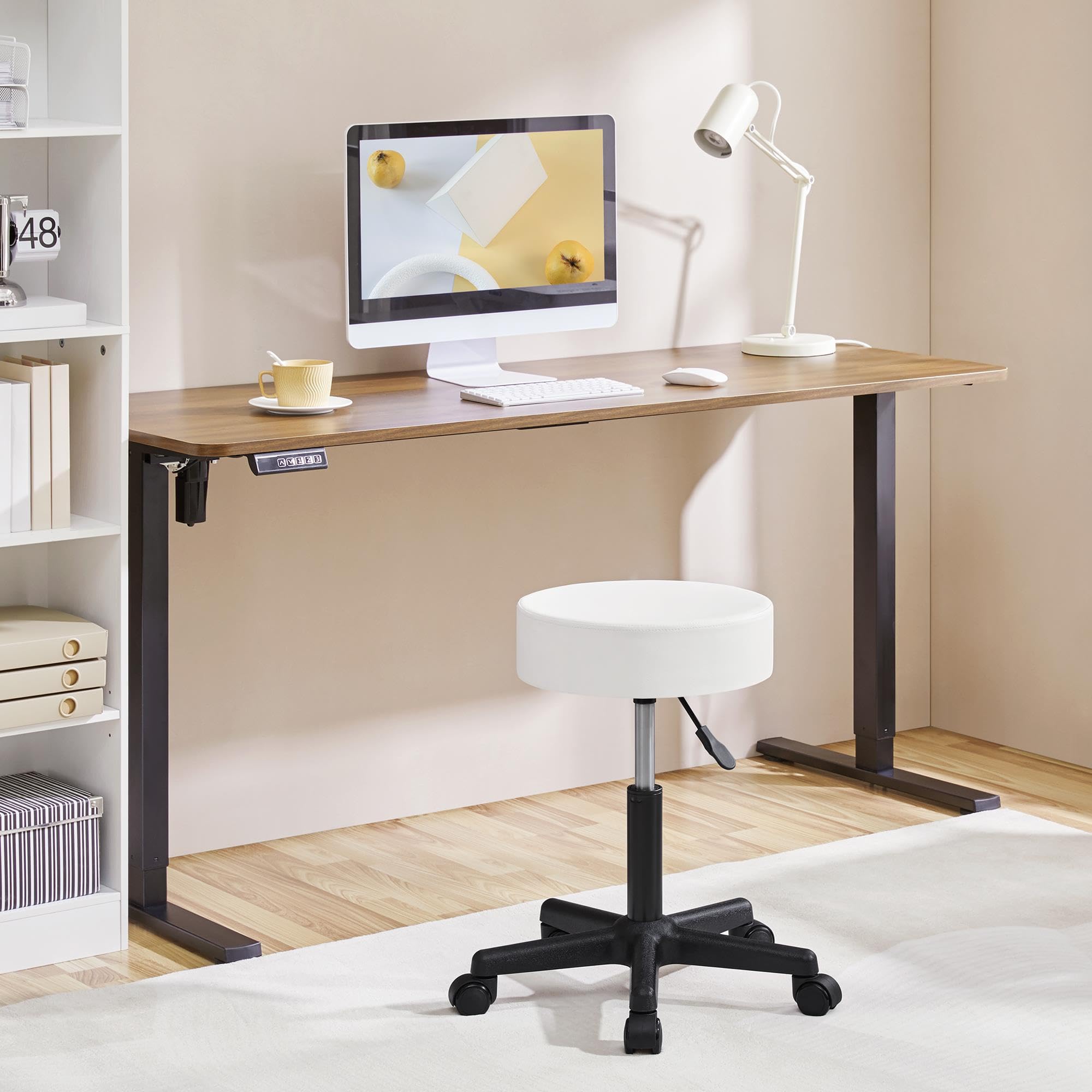 Yaheetech Taburete de Bar, con Ruedas, Silla Alta, Regulable en Altura, Giratorio, Cubierta PU, Trabajo para Salón de Belleza, Peluquería, Oficina, Consultas Blanco