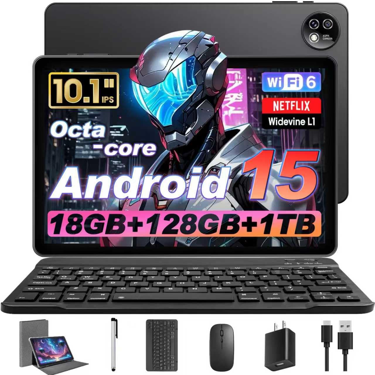Raemond Android 15 Tablet 10 Inch with Keyboard Mouse, Octa-core CPU,RAM 18GB, ROM 128GB (Up to 1 TB), 800×1280 Resolution, WiFi 6 & Bluetooth 5.4, Dual Speakers, 5MP+8MP, 6000mAh, GPS