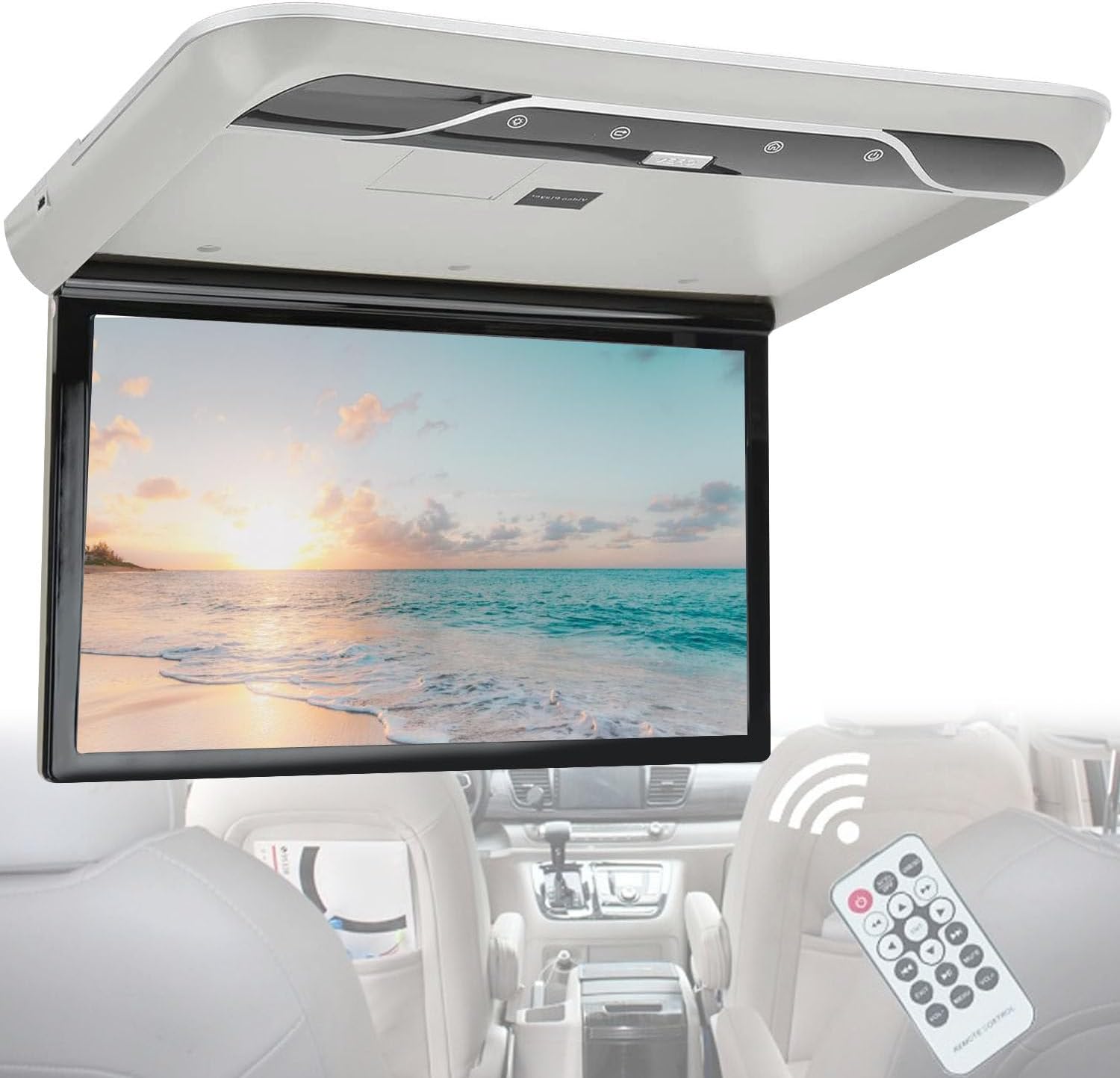 19" Car Overhead Player, Flip Down Car Monitor with Built-in Stereo Speakers, 1080p HD Digital Screen with Atmosphere Light, HDMI IR FM USB,Grey