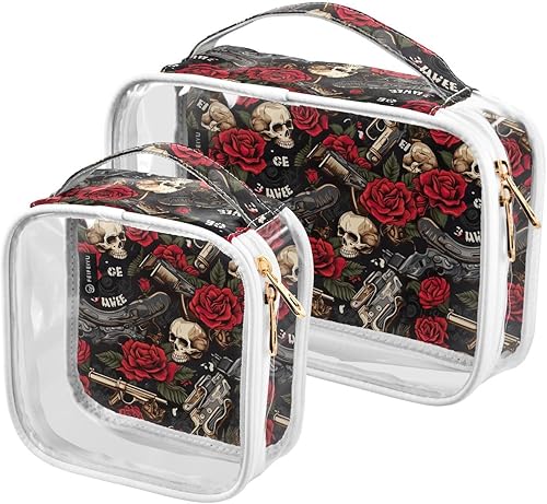 Skull Guns Roses Clear Toiletry Bag for Traveling,2 Pack Makeup Cosmetic Bag with Zipper,Travel Bag for Toiletries,Travel Essentials 21214797