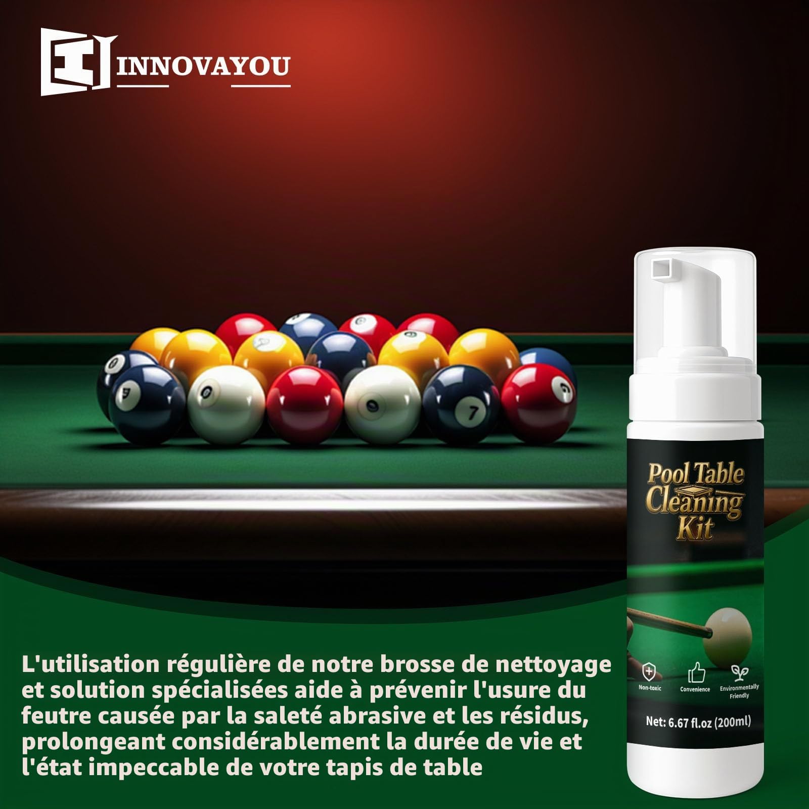 Kit de nettoyage en feutre de 200 ml pour tables de billard avec 2 brosses de table de billard, 1 éponge en fil d'acier, 1 chiffon