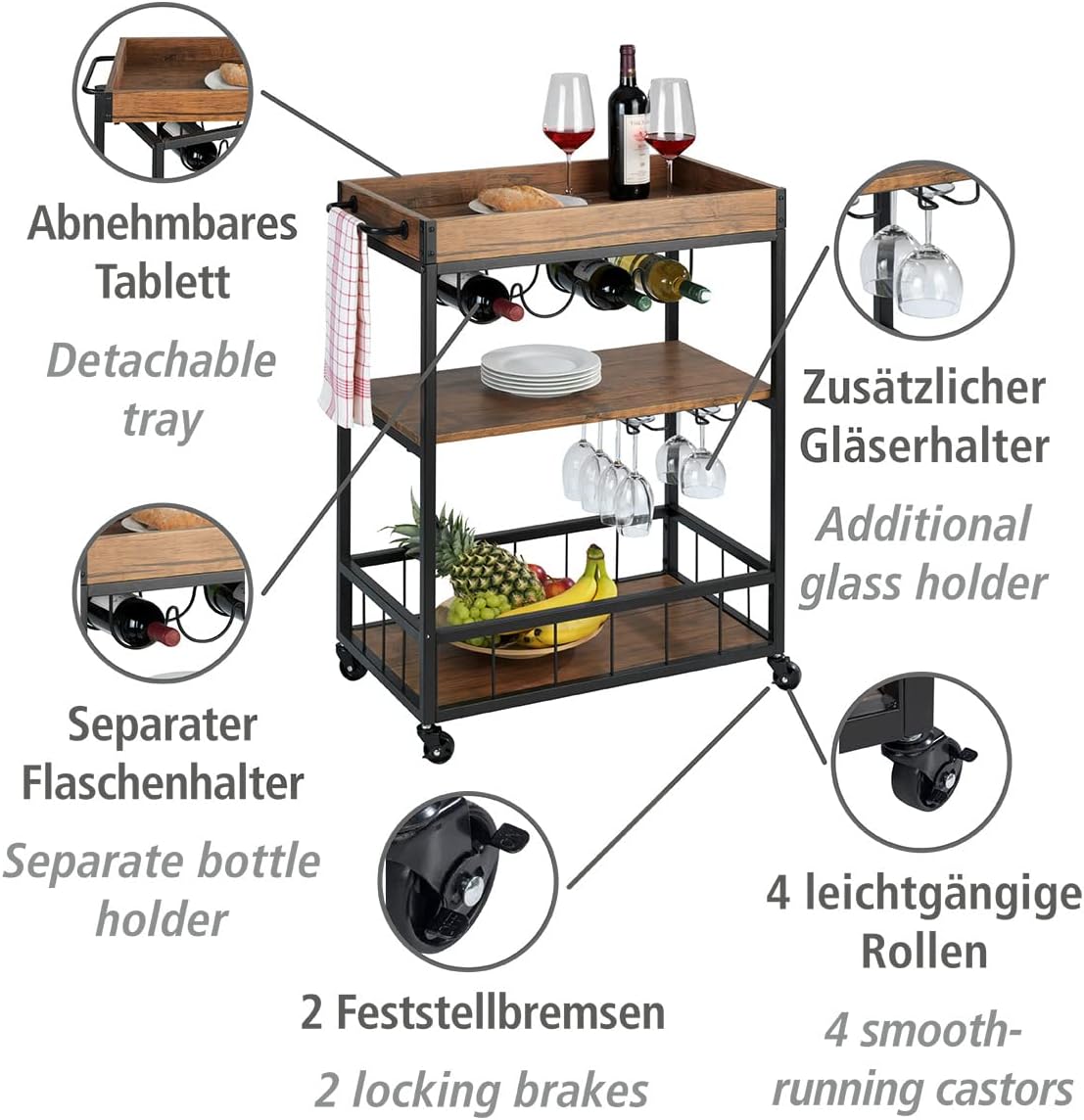 WENKO Rolling Storage Cart for Kitchen, 3 Tier Rolling Cart for Kitchen Storage, Home Bar Furniture, Black, Dimensions 31.89 x 16.34 x 8.07 in