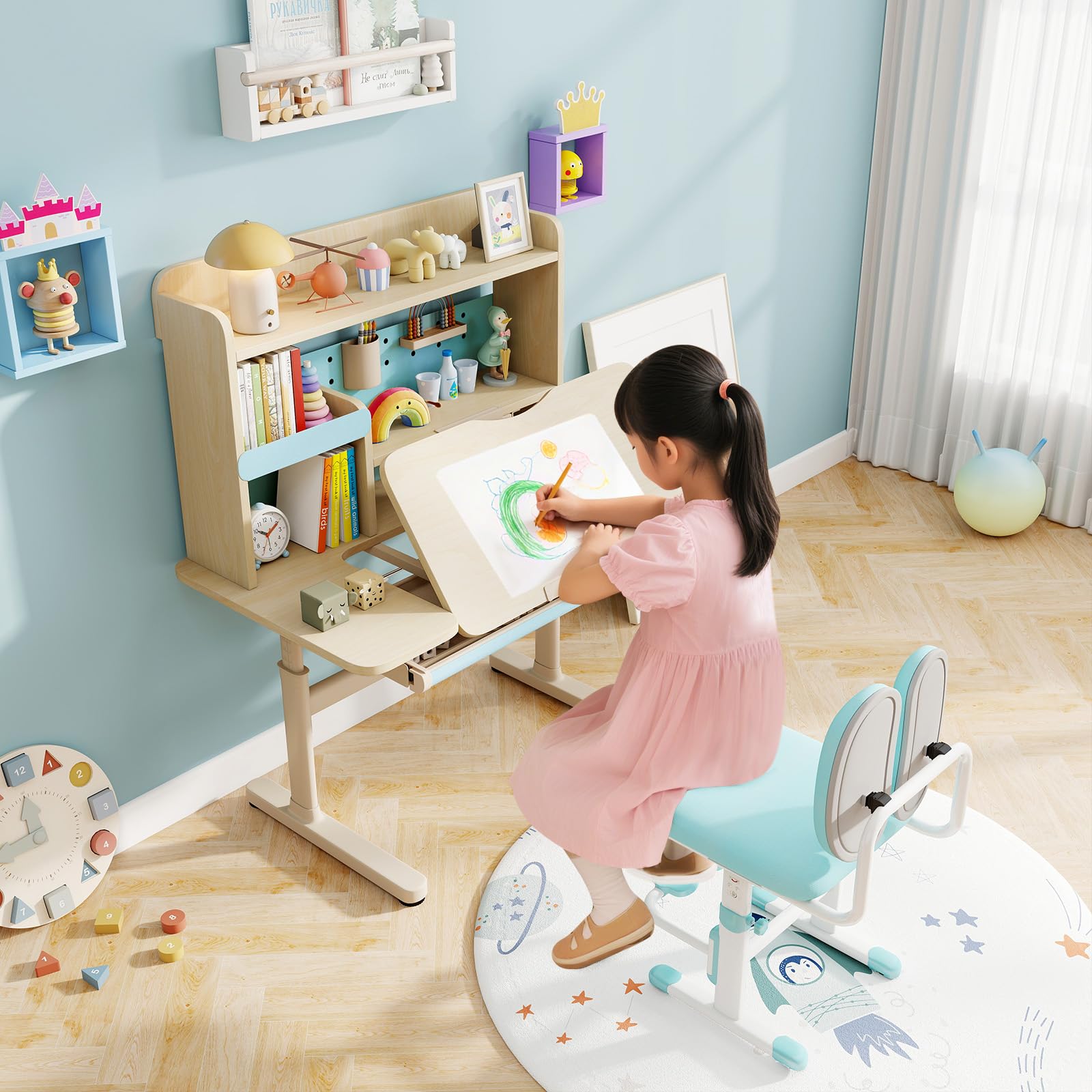 LIFEZEAL Escritorio Infantil con Bandeja Reclinable, Altura Ajustable, Cajón, Estante y Soporte de Lectura Retráctil, Patas de Metal, Mesa de Estudio para Niños de 3 a 12 Años (Azul)