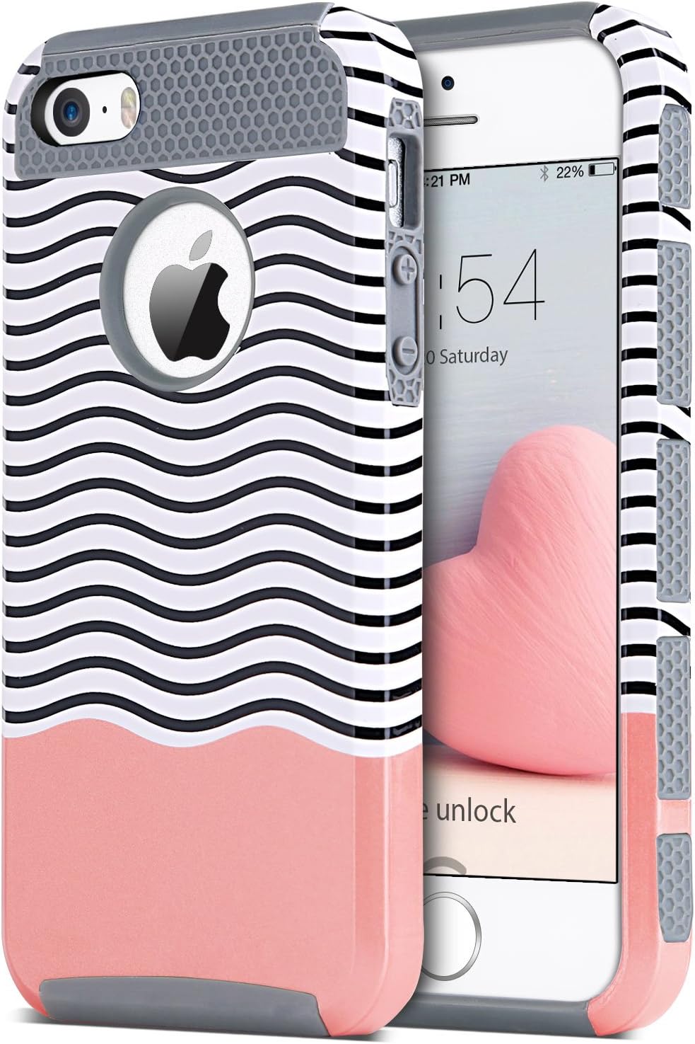 BENTOBEN Phone Case for iPhone SE/5S/5,Slim Shockproof Flexible TPU 2 in 1 Hybrid Hard Plastic Stripes Design Dual Layer Protective iPhone 5 5S SE Cases for Girl, Red/Gray