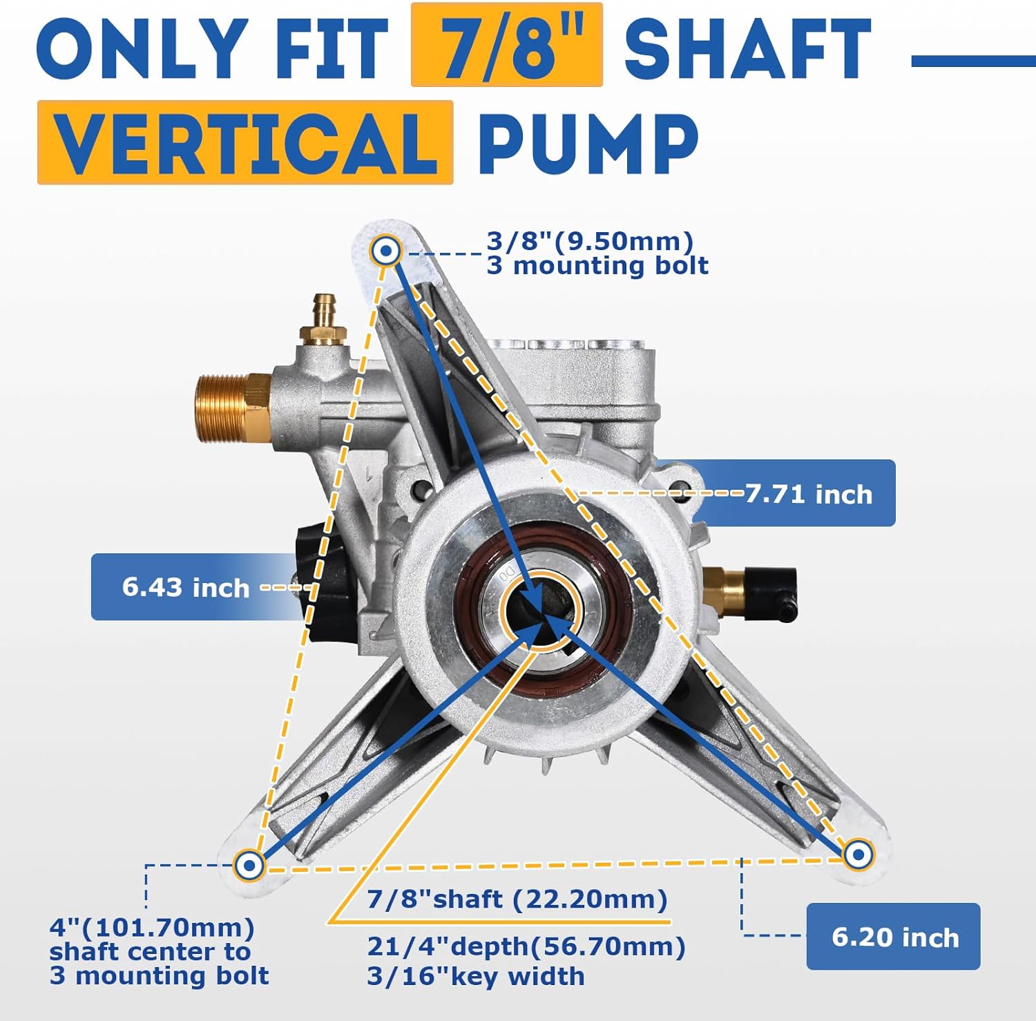 TOOLCY 7/8" Shaft Vertical Pressure Washer Pump - Rear Inlet/Outlet Max 3100 PSI @ 2.5 GPM OEM & Power Washer Pump for Gas Washer, More Replacement for Simpson, Ryobi, Honda etc