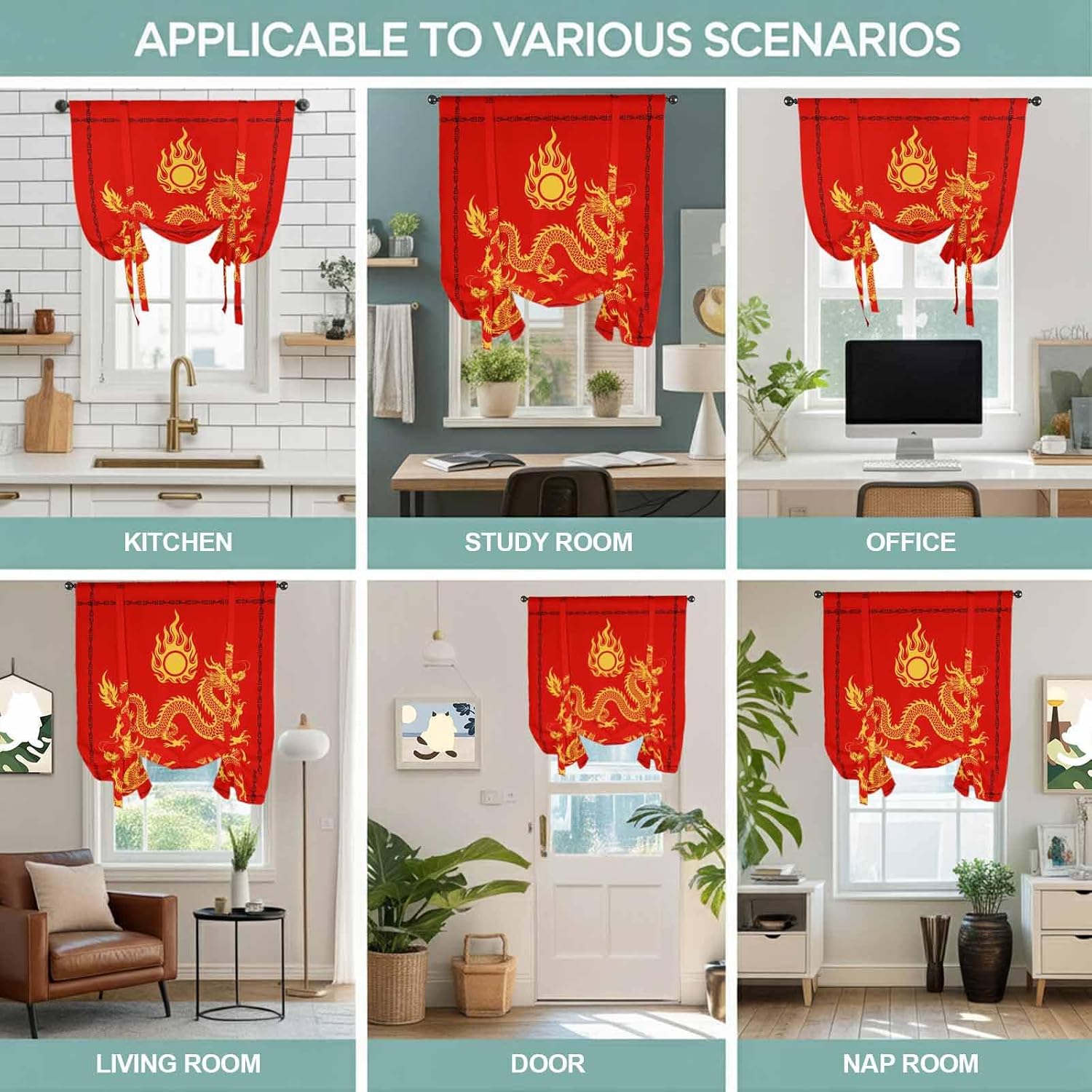 Red Yellow Dragon Tie Up Curtains for Window, Happy New Year Thermal Insulated Balloon Shade Adjustable Rod Pocket Curtains Valance Panels for Kitchen Bathroom Café 42'' x 63''