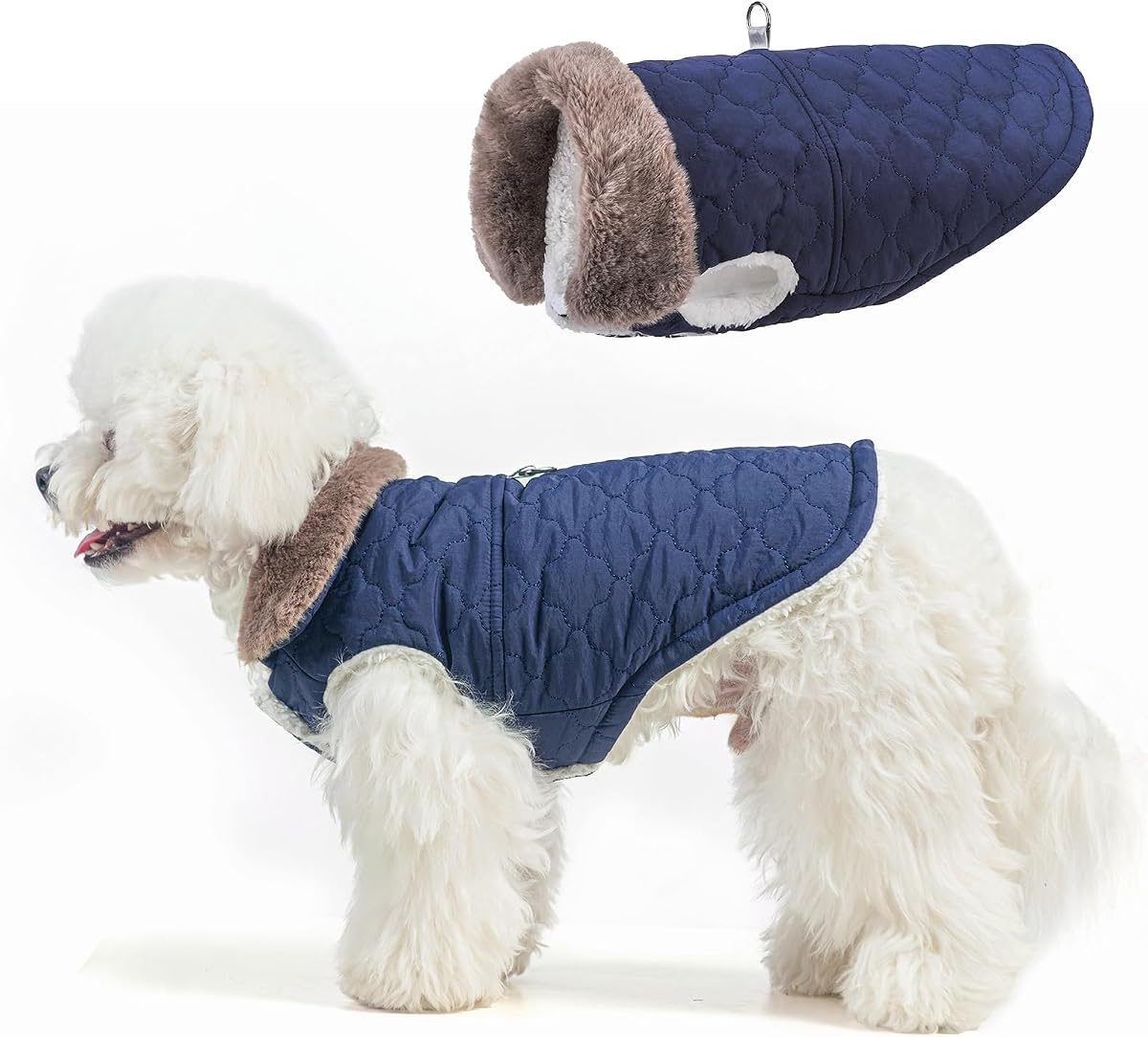 BEAUTYZOO Warm Dog Puffer Jacket Vest, Dog Winter Coat with Harness, Blue S | Puffer Jacket Vest with Built-in Harness & Fur Collar, Padded Fleece, Windproof Waterproof, Small Medium Puppy in Snow & Cold