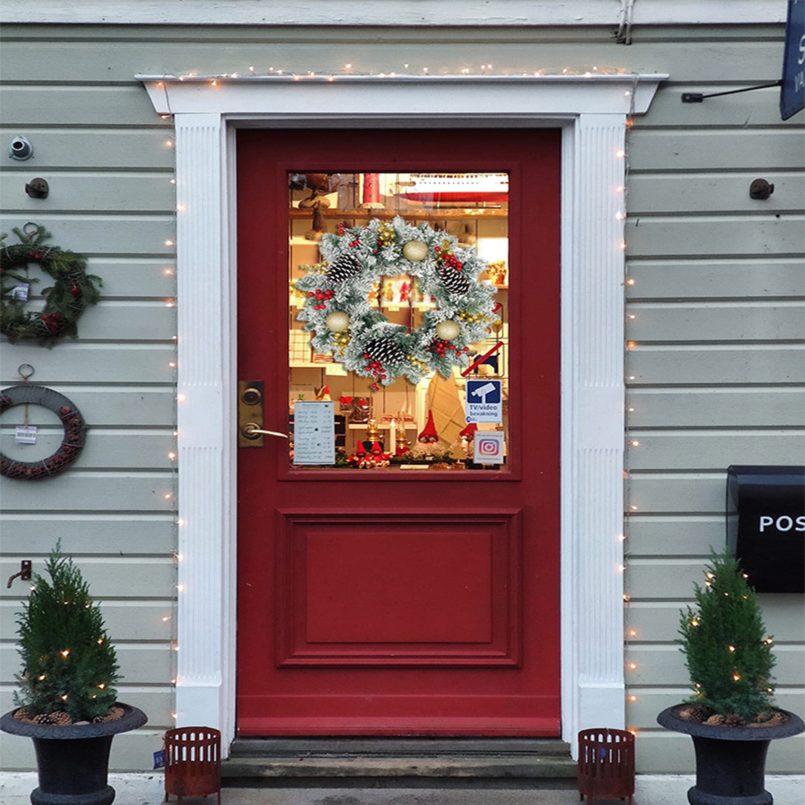 Couronne De Noel-Couronne De Noel Porte Avec Baies Rouges Et Flocons De Neige Avec Crinière Argentée-Couronne De Noel Lumineuse- Couronnes Et Guirlandes De Noël (57CM