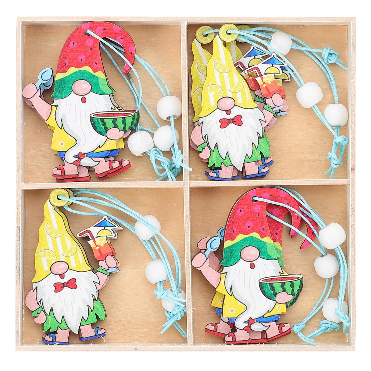 Kichvoe 12pcs Wooden Hawaii Summer Gnome Hanging Ornaments, Tropical Party Home Gnome Decorations for Tree and Indoor Use