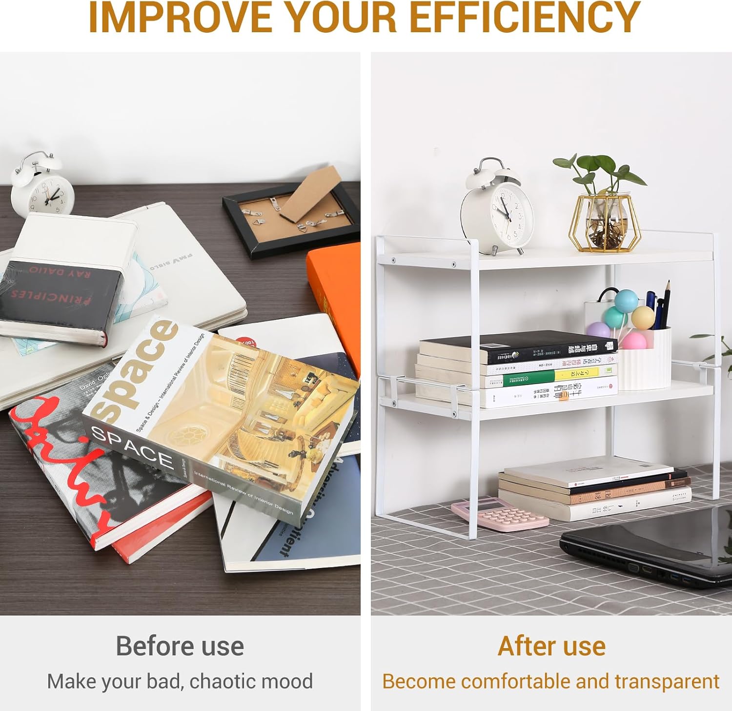 Desk Shelf Organizer for Top of Desk, Detachable 2 Tier Desktop Bookshelf, Wooden Desk Shelves Storage Rack, Small Desktop Shelf for Office Home Dorm, Tabletop Desk Organizer Stand (White+White)