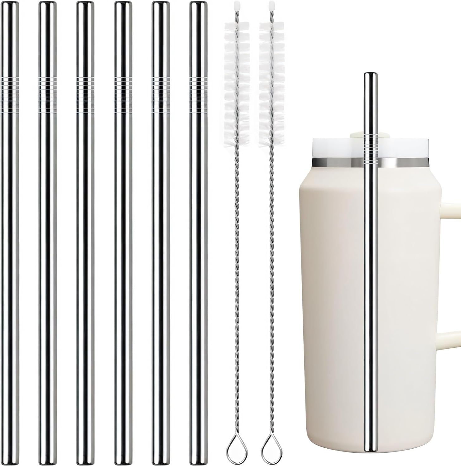 Metal Straws Replacement for Stanley Quencher 64 oz Accessories, 6 PCS Extra Wide Reusable Stainless Steel Straw with 2 Cleaning Brush, 11.8" X 0.4" Compatible with Stanley Cup Tumbler