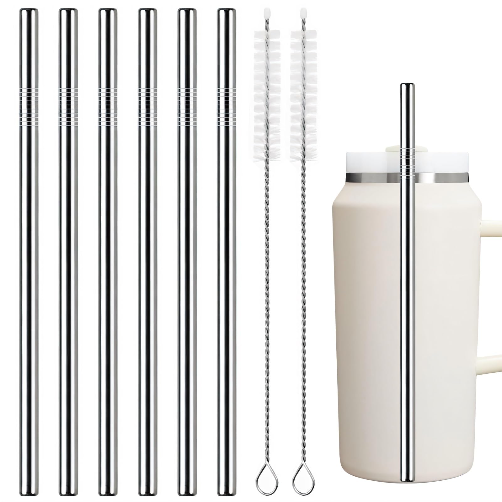 Metal Straws Replacement for Stanley Quencher 64 oz Accessories, 6 PCS Extra Wide Reusable Stainless Steel Straw with 2 Cleaning Brush, 11.8" X 0.4" Compatible with Stanley Cup Tumbler