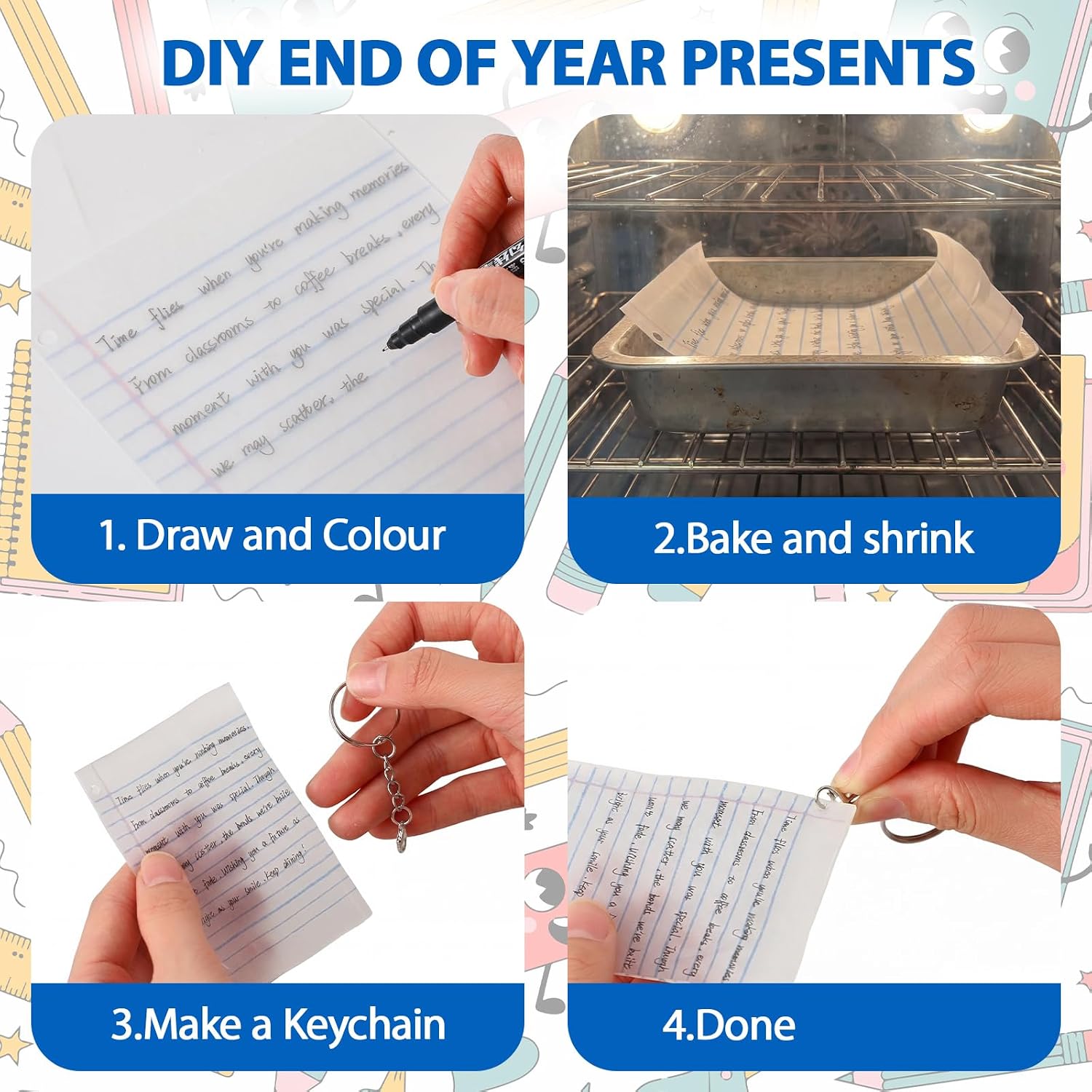 60 Pcs Back to School Shrink Sheets Keychains Kit Back to School Gifts 30 Notebook Shrink Plastic Papers with 30 Keychain Hooks for Encouragement Gift Keychain Jewelry DIY Making Supplies