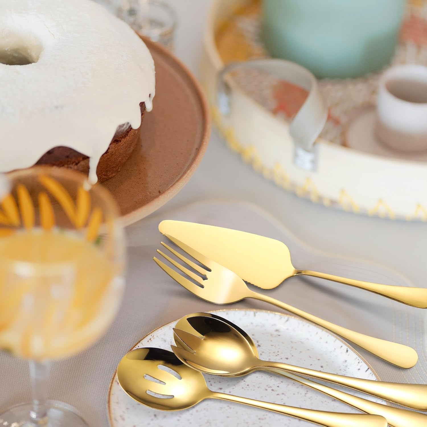 A· HOUSEWARE Gold Kitchen Utensils Serving Set 10 Piece Catering Silverware Stainless Steel Flatware for Buffet Party include Tong Serving Spatula Skimmer Ladles Big Fork Cheese Knife Dessert Spoon