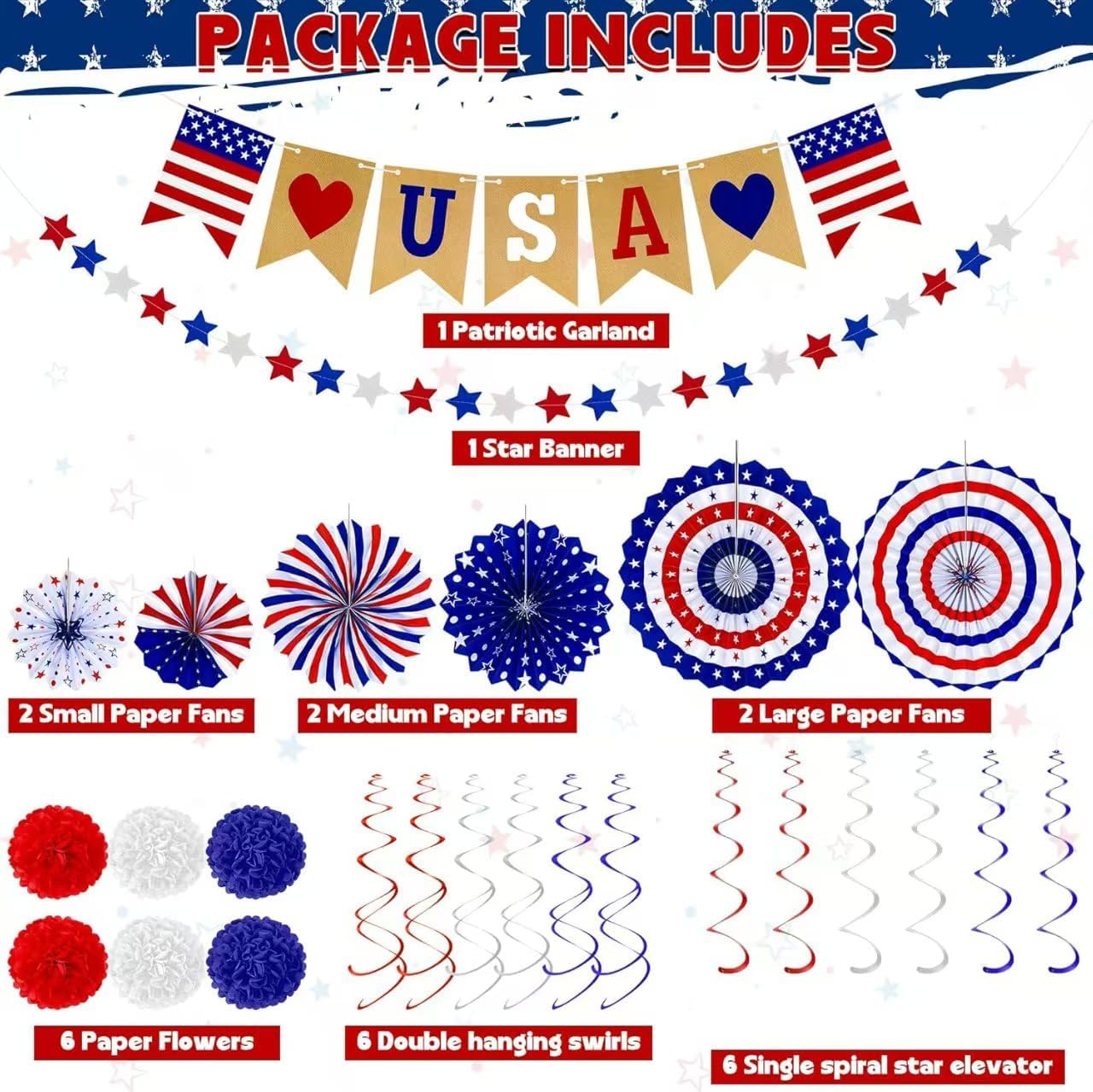 26Pcs Patriotic Decorations - Red, White & Blue USA Flag Party Pack for Fourth of July, Includes Paper Fans, Pom Poms, Hanging Swirls, Banner & Star Streamer