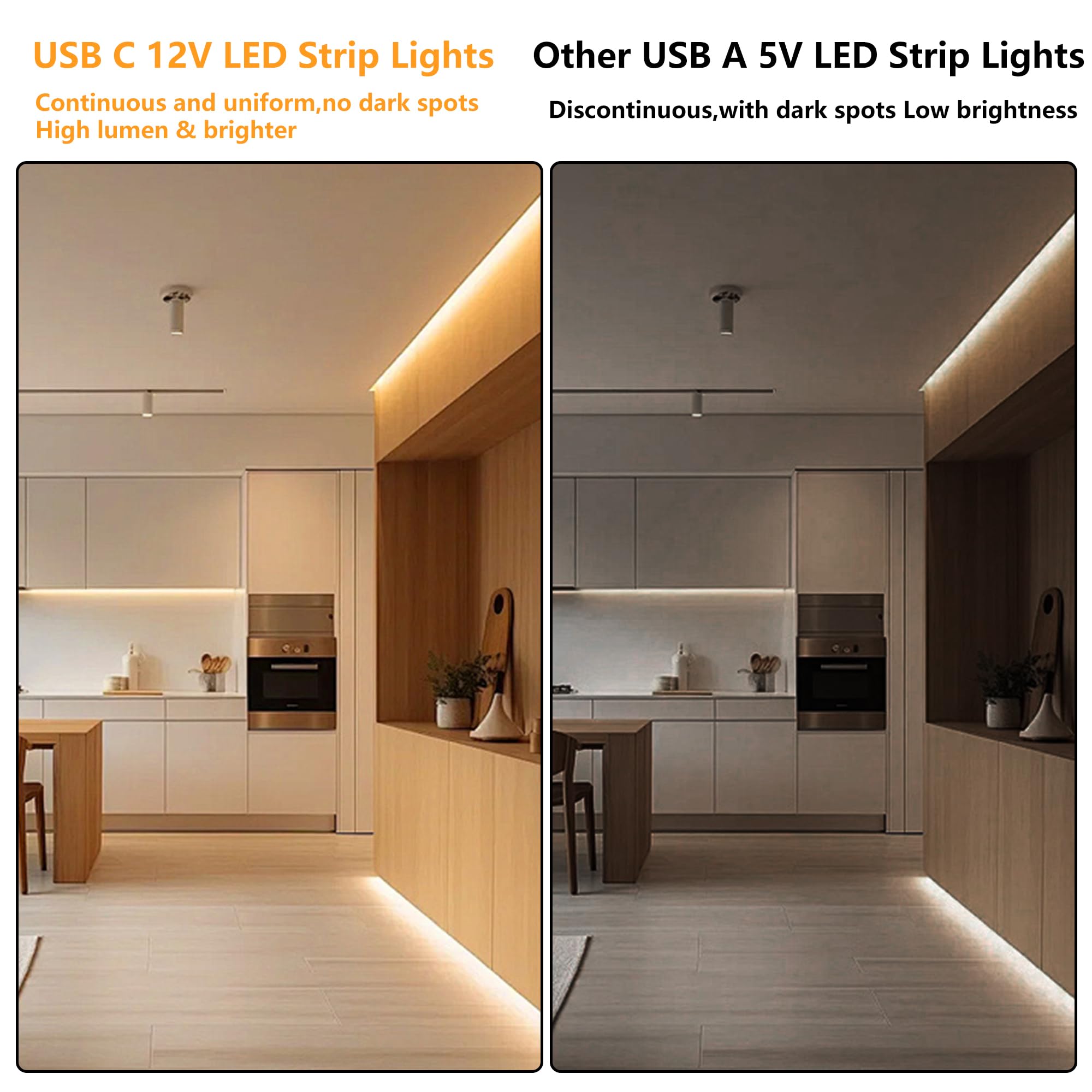 Striscia LED USB C 12 V 5 m, luminosa illuminazione sotto armadio per cucina, retroilluminazione TV e camper, nastro flessibile per stampante 3D e scrivania
