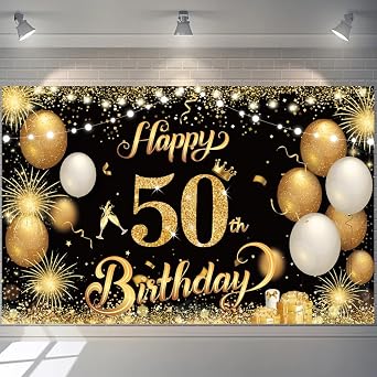 Yontree Happy 50th Birthday Banner - Gold 1.1 x 1.8m, 50th Birthday Decorations for Women, Men, Anniversary Party Supplies Black Gold