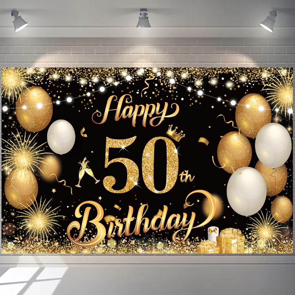 Striscione con scritta Happy 50th Birthday, 1,1 x 1,8 m, blu e argento