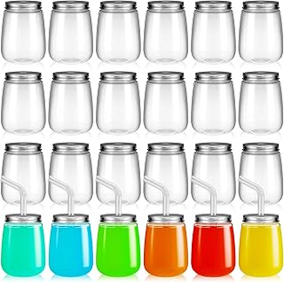 Sabary 24 Pack 17 oz Plastic Mason Jars with Lid and Straws, Reusable Juice Jar with Aluminum Caps PET Clear Mason Jar for Water Milk Beverages Drink Bottles (U Shape)