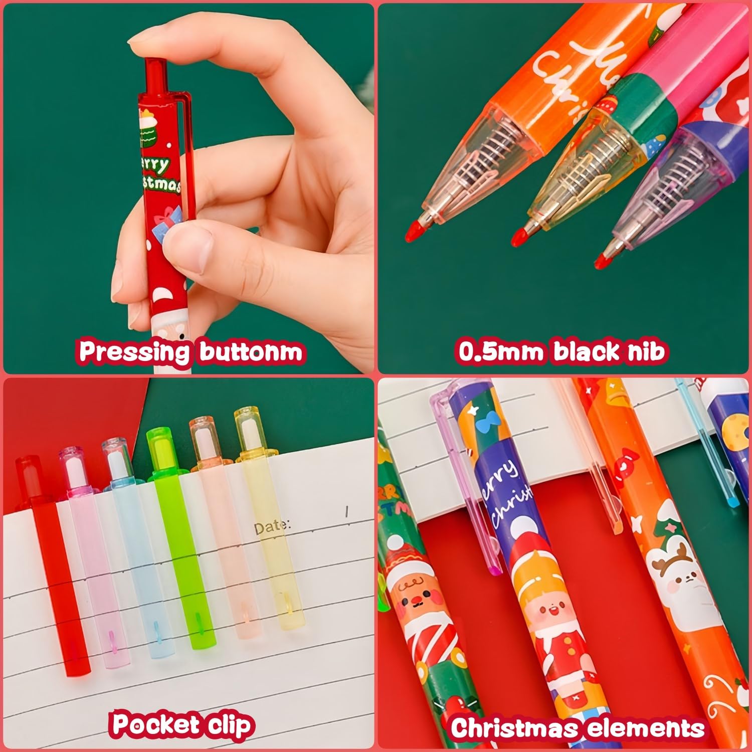 Stylos De Noël Effaçables 4 Pièces - Encre Gel 0.4mm - Modèles Père Noël, Sapin, Bonhomme De Neige, Renne - Avec Carte De Voeux
