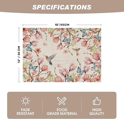 Miniatura 6 de Artoid Mode Juego de 4 manteles individuales con diseño de pájaros y flores y mariposas, 12 x 18 pulgadas, de plástico, lavables, antideslizantes,