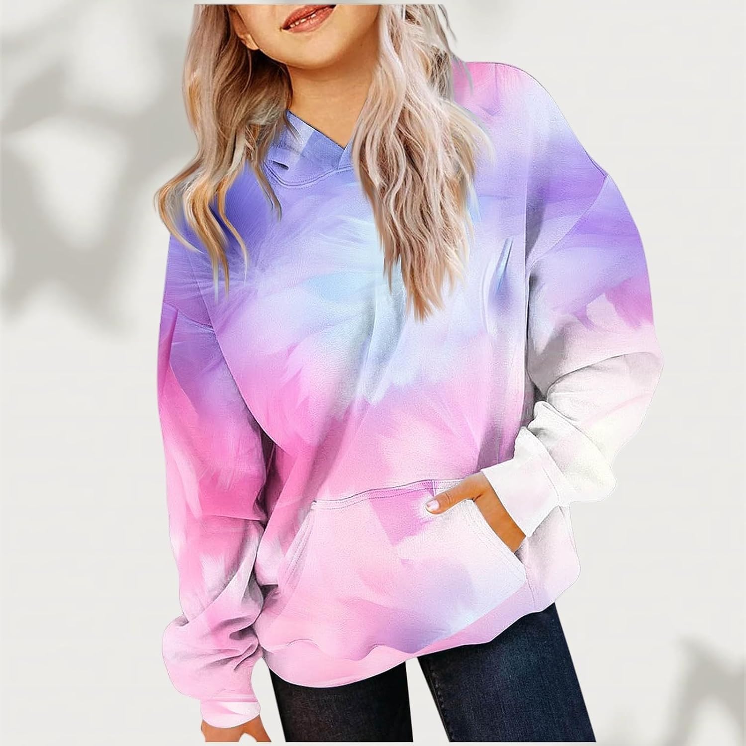 Girls Oversized Hoodie Shirts Long Sleeve Gradient Color Casual Hooded Pullover Tops Loose Kids Preppy Clothes