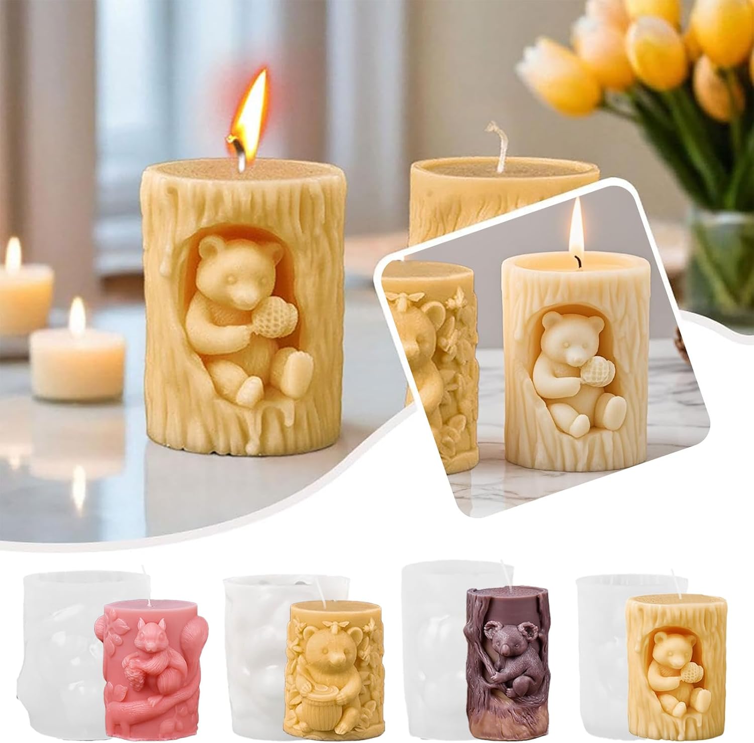 4 Pack 3D Animal Silicone Candle Molds, DIY Bear Koala Squirrel Pillar Candle Molds, Epoxy Resin Casting Molds for DIY Resin Craft, Candle & Soap Making, Perfect for Home Decor