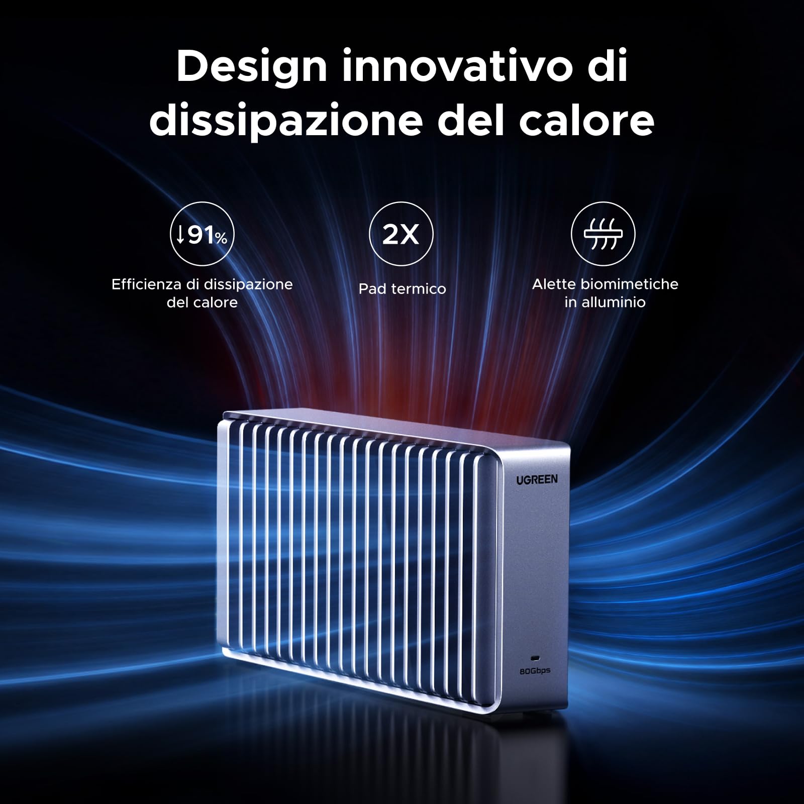UGREEN Case per SSD M.2 NVMe 80 Gbps Dissipatore Termico in Alluminio Doppia Faccia Silenzioso Compatibile con Thunderbolt 5 4 USB4 USB 3.2 per MacBook Mac mini Mac Studio (Disco Rigido non Incluso)