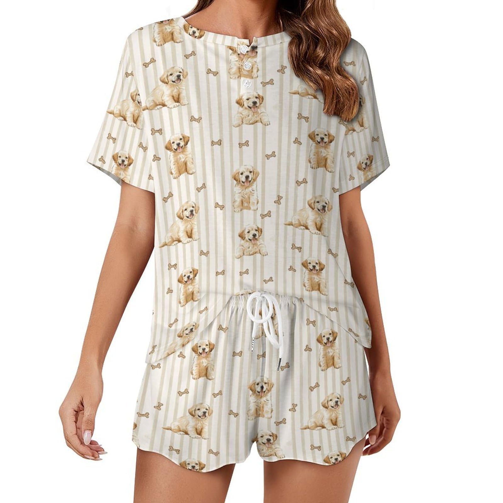 peiyeety Dreamy Golden Retriever Puppies Pj Sets for Woman Short Sleeve Pajamas for Women Set Shorts 2 Piece Sleepwear