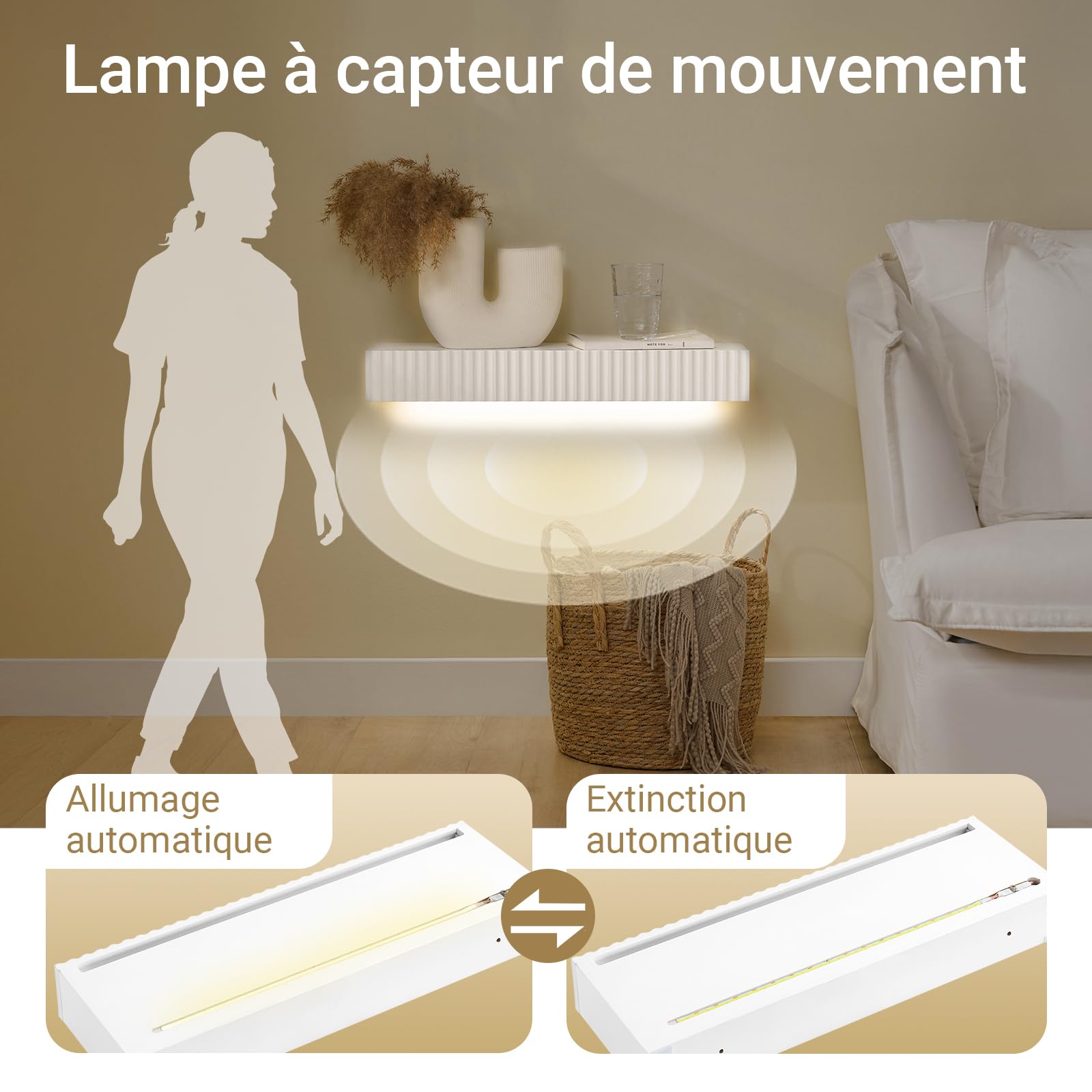 SoBuy Étagère Murale Flottante avec tiroir & éclairage LED à détecteur de Mouvement, pour Chambre, entrée & Salon, à Piles, L60 × P20 × H8 cm, Blanc, FHK38-W