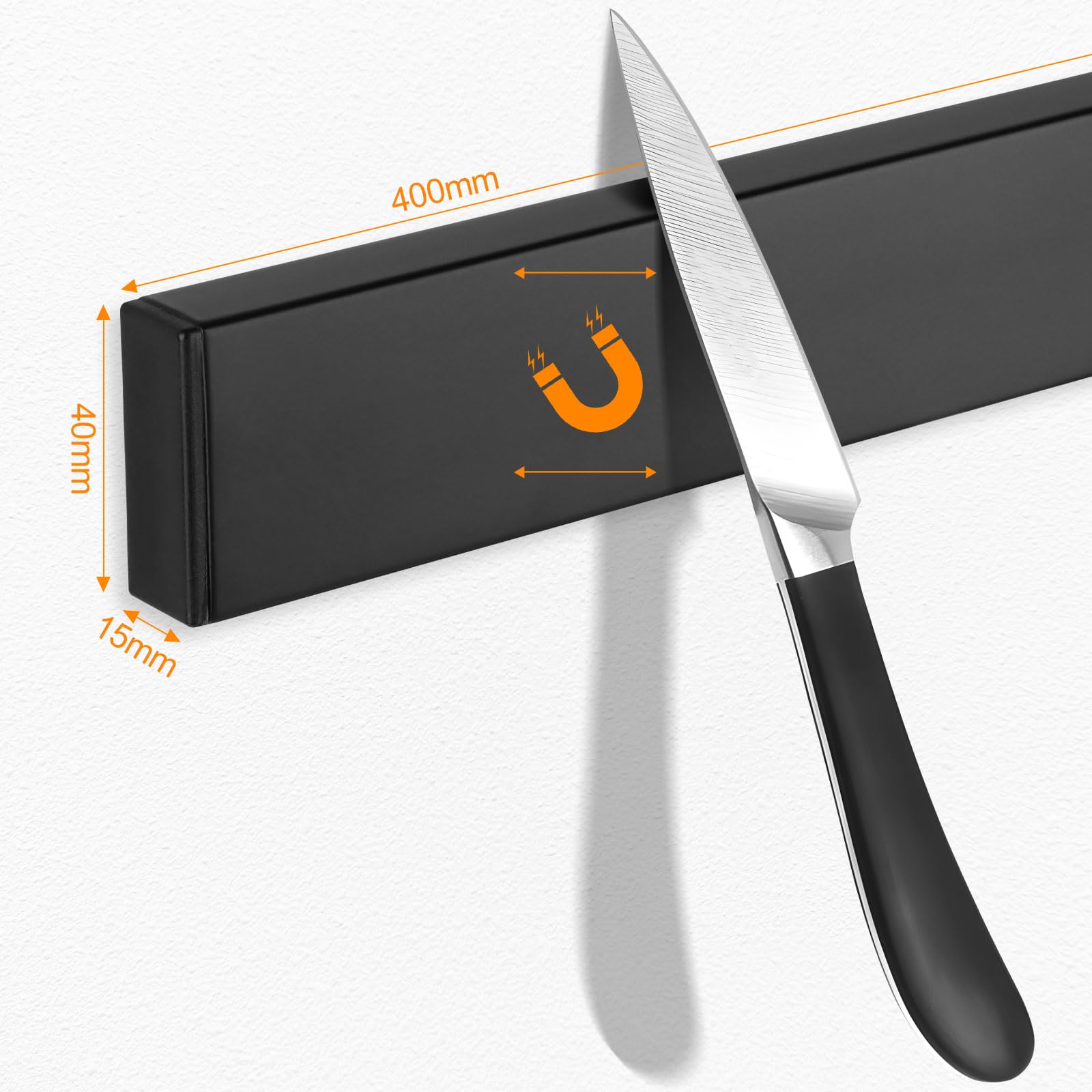 40cm Iman Cuchillos de Cocina, Negra Soporte Magnético Cuchillos Acero Inoxidable Cuchillero Magnético Puede sin Taladrar, Soporte Cuchillos Cocina para Espátulas, Tijeras
