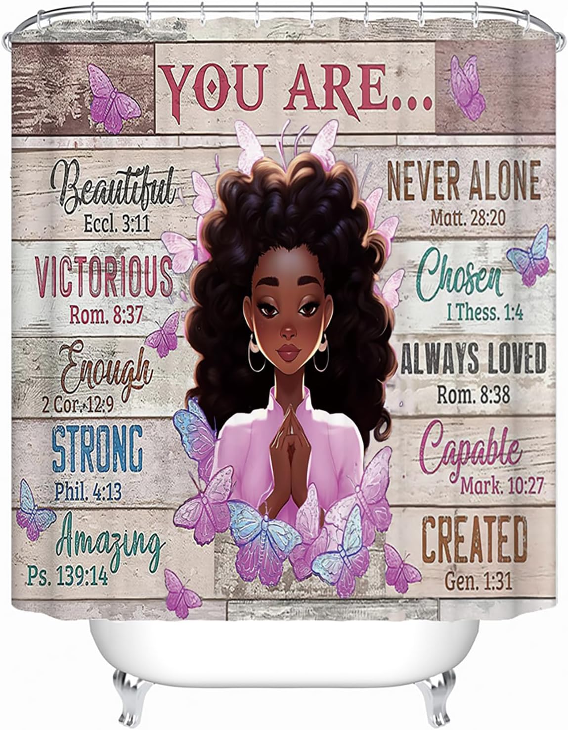 NEWSUYAA Black Girl Shower Curtain with Bath Rugs Set,4 Sets Rustic African American Bathroom Sets Decor Waterproof Curtains Rug Mats Toilet Seat Cover Hooks Butterfly Kids Girly Queen (Rustic)